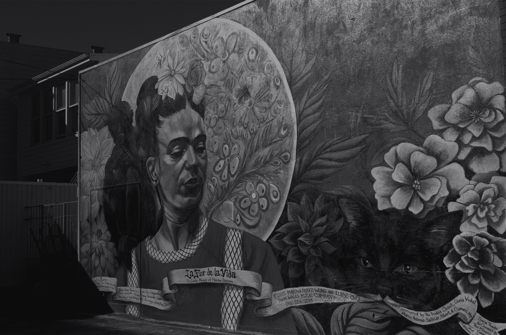 Black and white photo of a street mural in the Mission District in San Francisco. The mural is a stylized depiction of the Mexican Artist Frida Kahlo and other decorative elements.