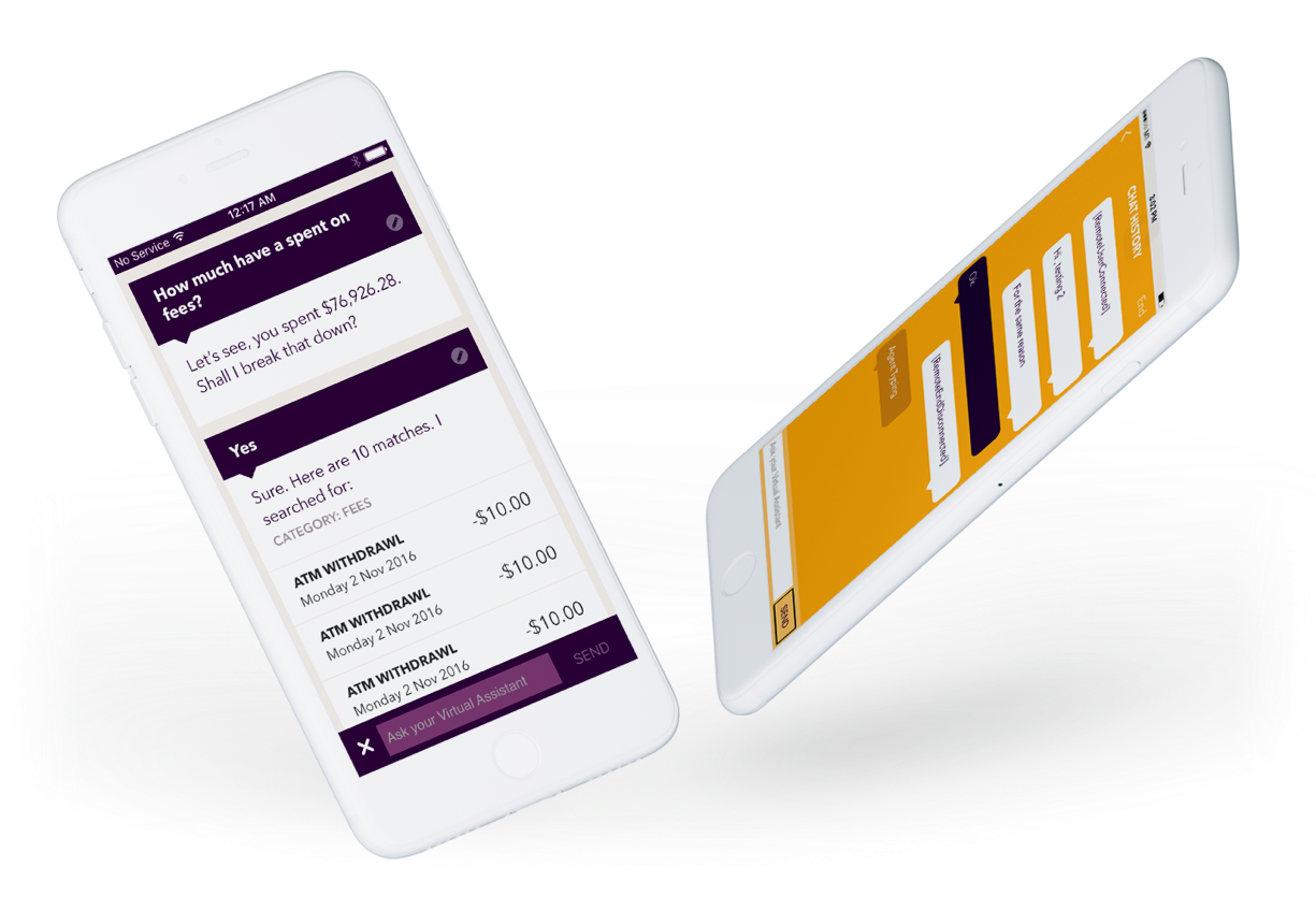 Two white mobile phones tilted at different angles displaying the Kasisto Banking app.